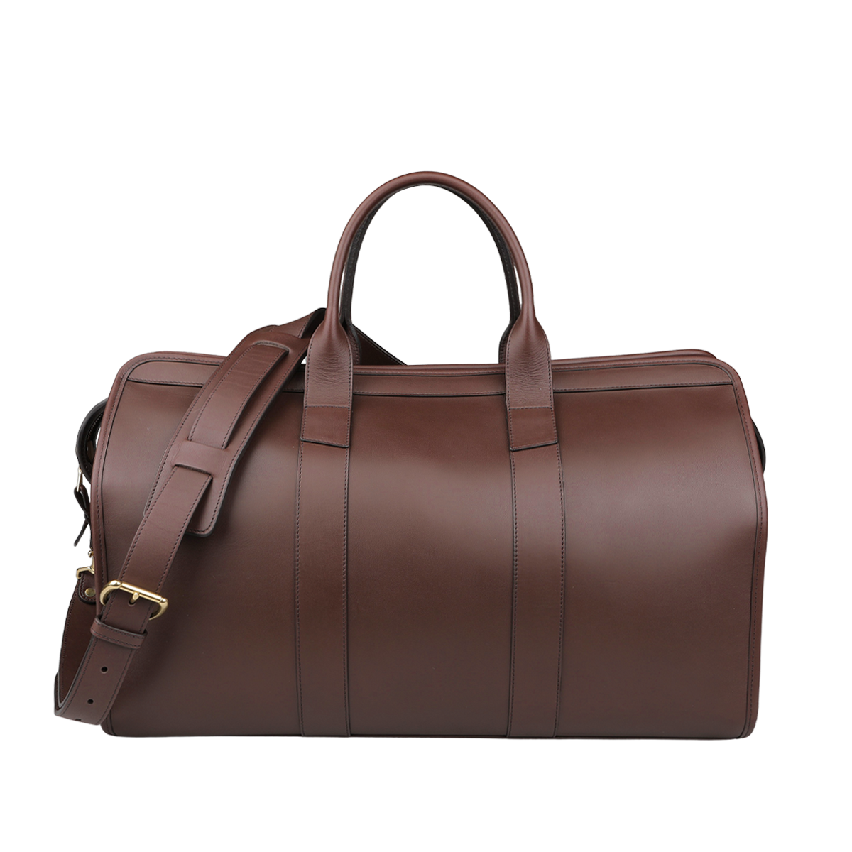 The Frank Clegg Chocolate Harness Belting Leather Signature Duffle is a luxury travel bag with handles and a shoulder strap.