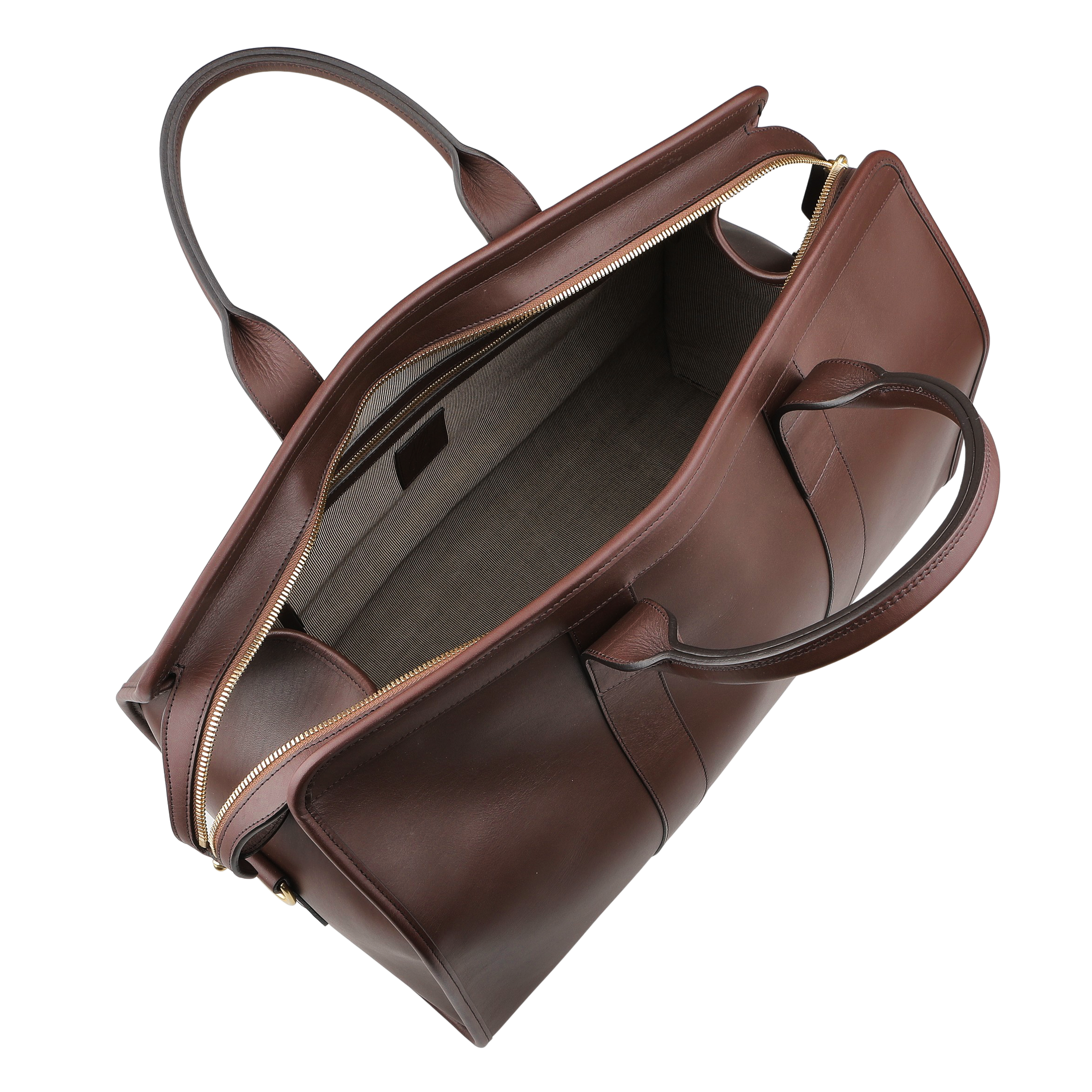 A top view showcases the Frank Clegg Chocolate Harness Belting Leather Signature Duffle handbag, featuring two handles, a zippered compartment, and an empty gray fabric-lined interior.