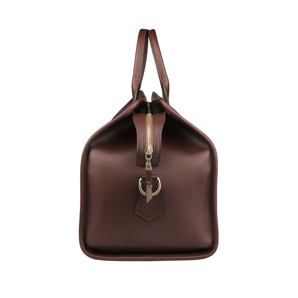 The Frank Clegg Chocolate Harness Belting Leather Signature Duffle features handcrafted quality with two handles, a zipper closure, and a decorative metal buckle on the front.