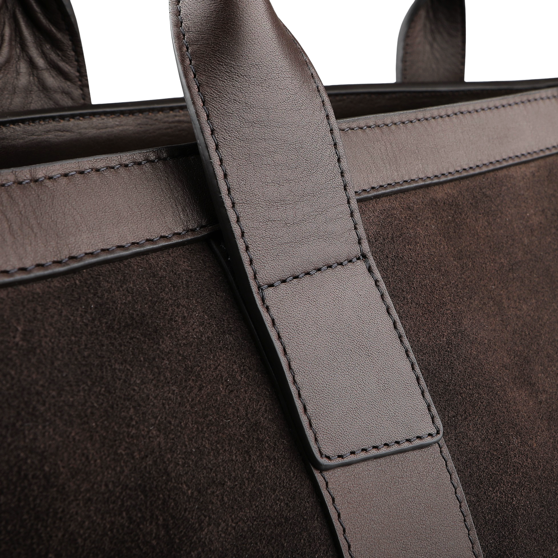 Close-up of the Frank Clegg Chocolate Suede Leather Tall Zip Tote, highlighting its detailed stitching and elegant texture for a timeless style.