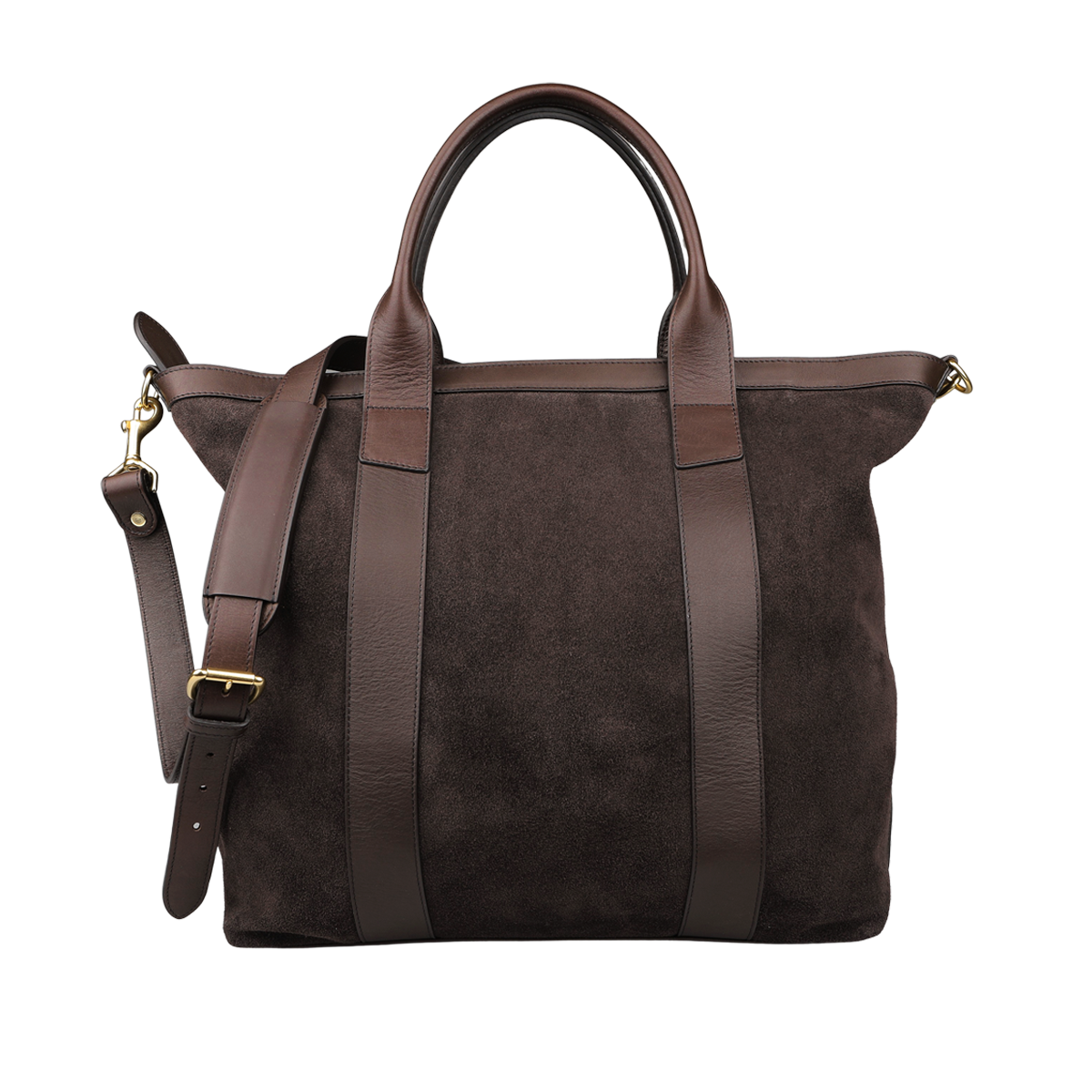 The Frank Clegg Chocolate Suede Leather Tall Zip Tote features a dark brown leather and suede design with top handles and an adjustable shoulder strap for versatile carrying, exuding timeless style.