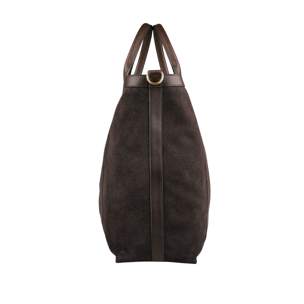 Side view of the Chocolate Suede Leather Tall Zip Tote by Frank Clegg, featuring a dark brown suede finish with leather straps and a gold ring detail at the top, offering timeless style reminiscent of classic Frank Clegg designs.