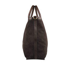 Side view of the Chocolate Suede Leather Tall Zip Tote by Frank Clegg, featuring a dark brown suede finish with leather straps and a gold ring detail at the top, offering timeless style reminiscent of classic Frank Clegg designs.