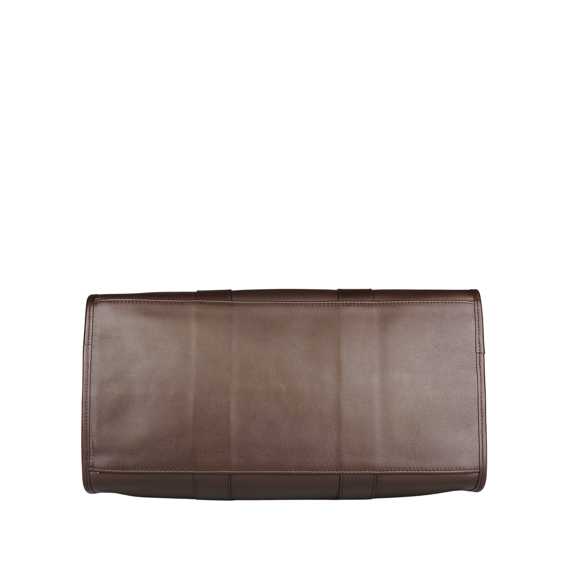 A Frank Clegg Chocolate Tumbled Leather Small Travel Duffle, with its minimalist design, lies flat against a plain background, emanating elegance.