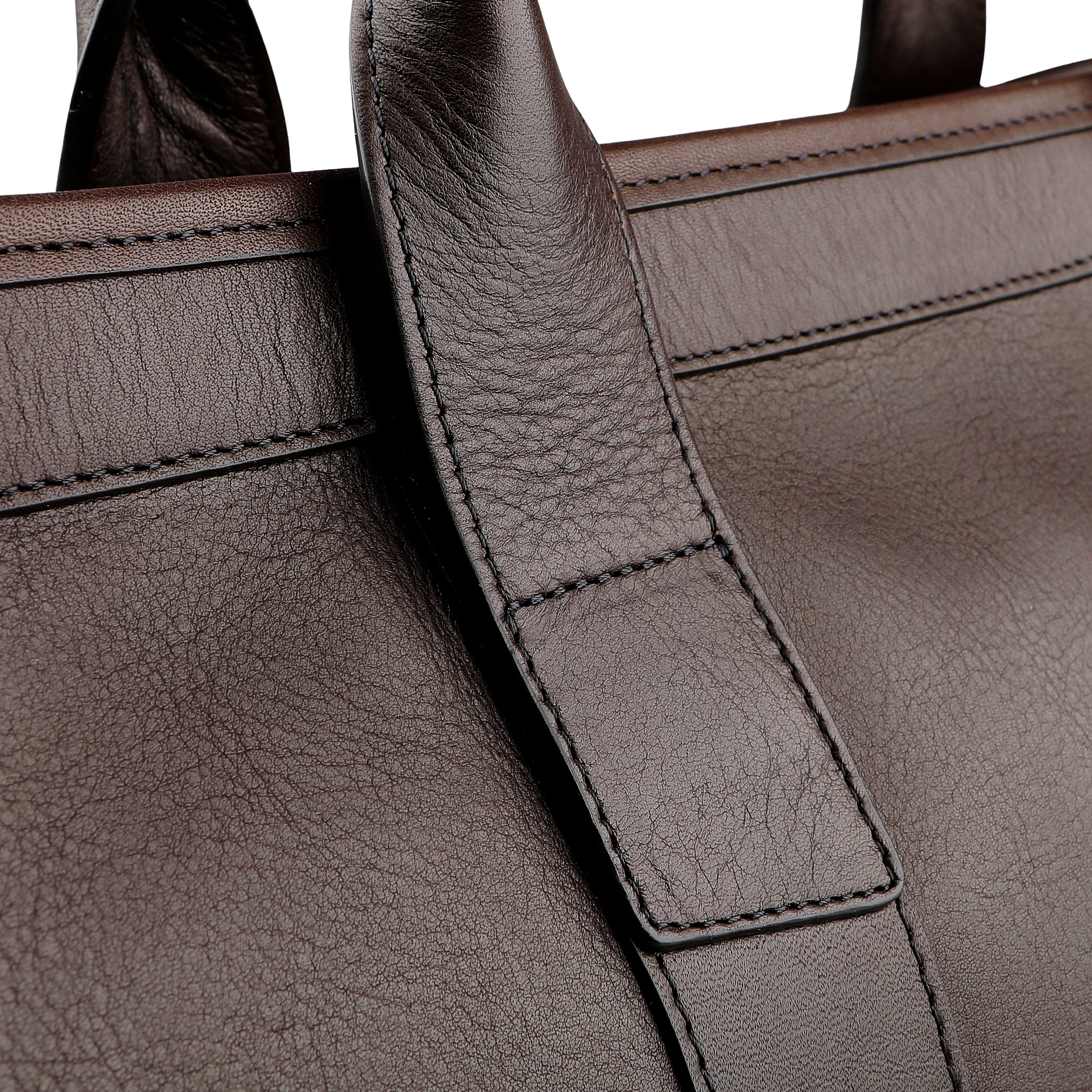 Close-up of the Frank Clegg Chocolate Tumbled Leather Small Travel Duffle showcasing visible stitching and texture details, featuring an adjustable shoulder strap for versatility.