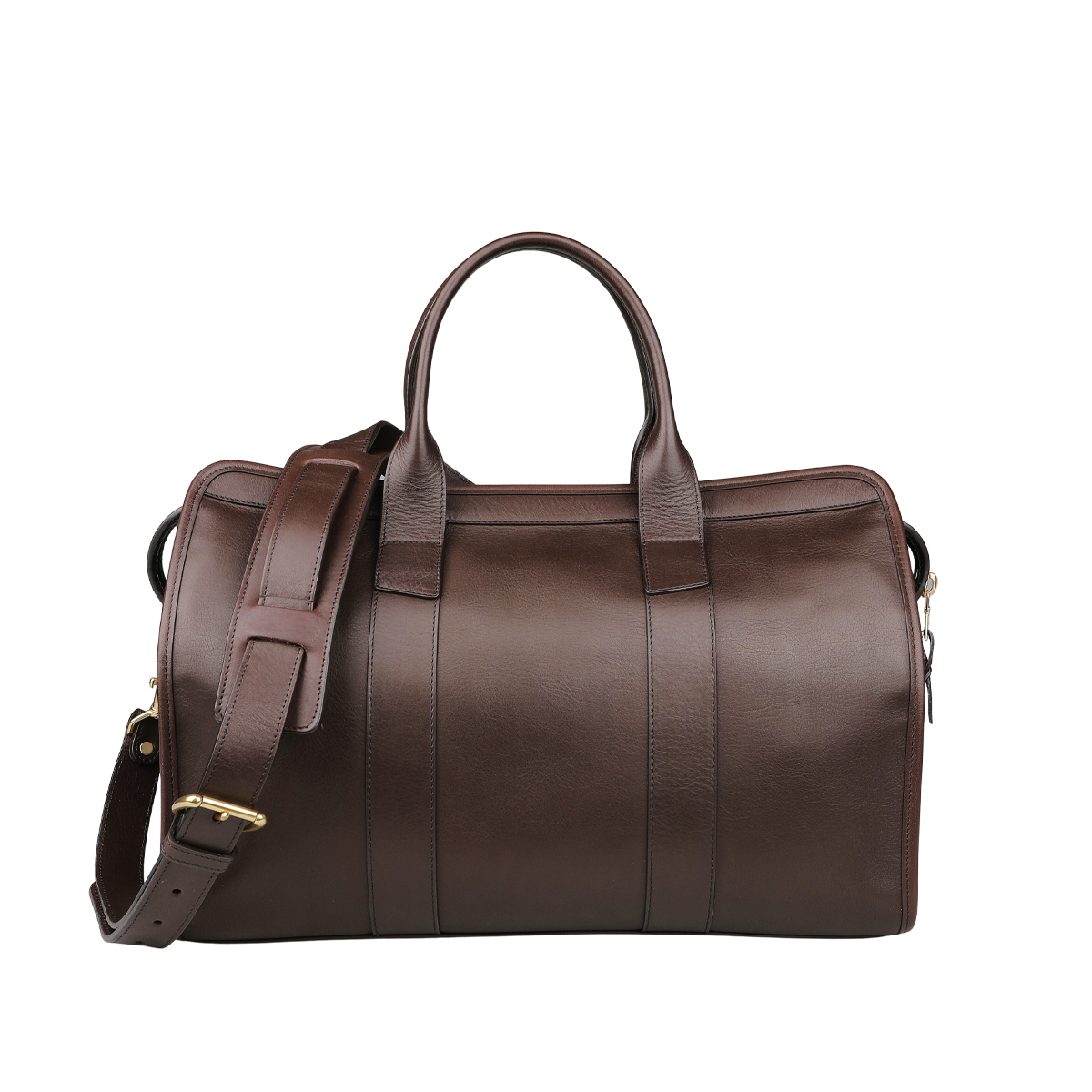 Frank Clegg's Chocolate Tumbled Leather Small Travel Duffle, complete with an adjustable shoulder strap and two handles, placed against a neutral background.