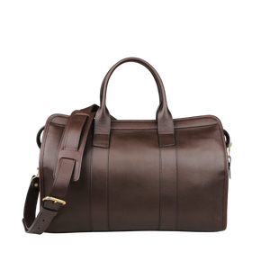 Frank Clegg's Chocolate Tumbled Leather Small Travel Duffle, complete with an adjustable shoulder strap and two handles, placed against a neutral background.