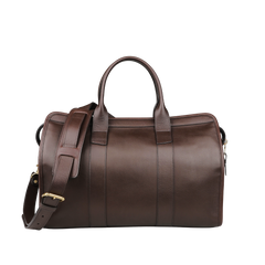 Frank Clegg's Chocolate Tumbled Leather Small Travel Duffle, complete with an adjustable shoulder strap and two handles, placed against a neutral background.