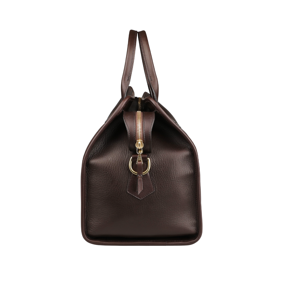 The Frank Clegg Chocolate Tumbled Leather Small Travel Duffle features a side view of rich brown leather, a gold zipper, and a looped leather handle—ideal for carrying your essentials.