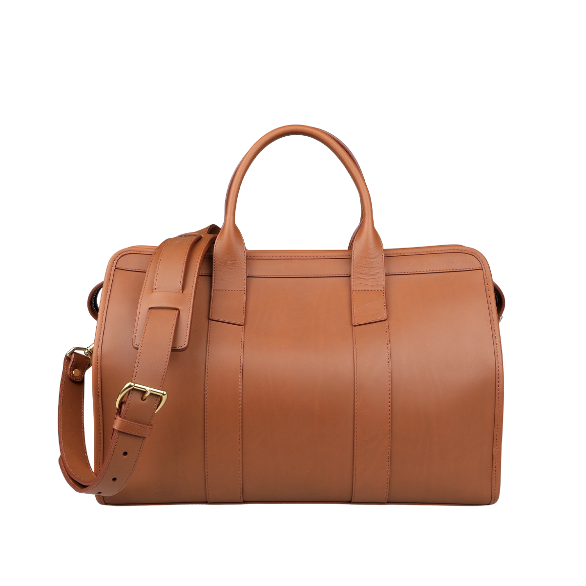 The Cognac Harness Leather Small Travel Duffle by Frank Clegg is a brown leather weekend bag crafted from harness belting leather, featuring handles and an adjustable shoulder strap for convenience and style.