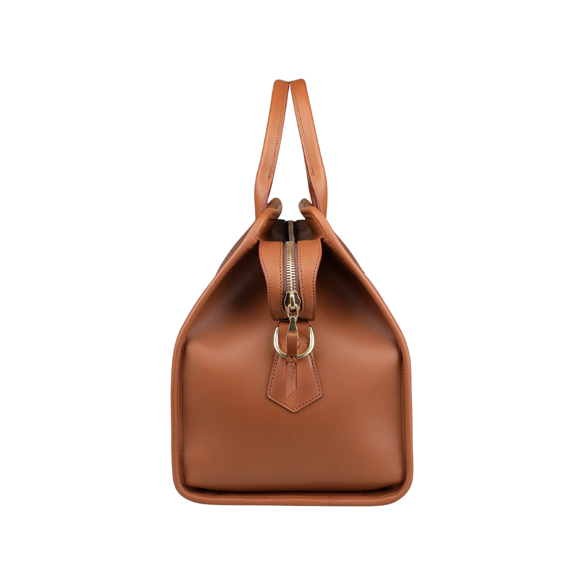 Side view of Frank Clegg's Cognac Harness Leather Small Travel Duffle, featuring handles and a top zipper closure, perfect as a stylish weekend bag.