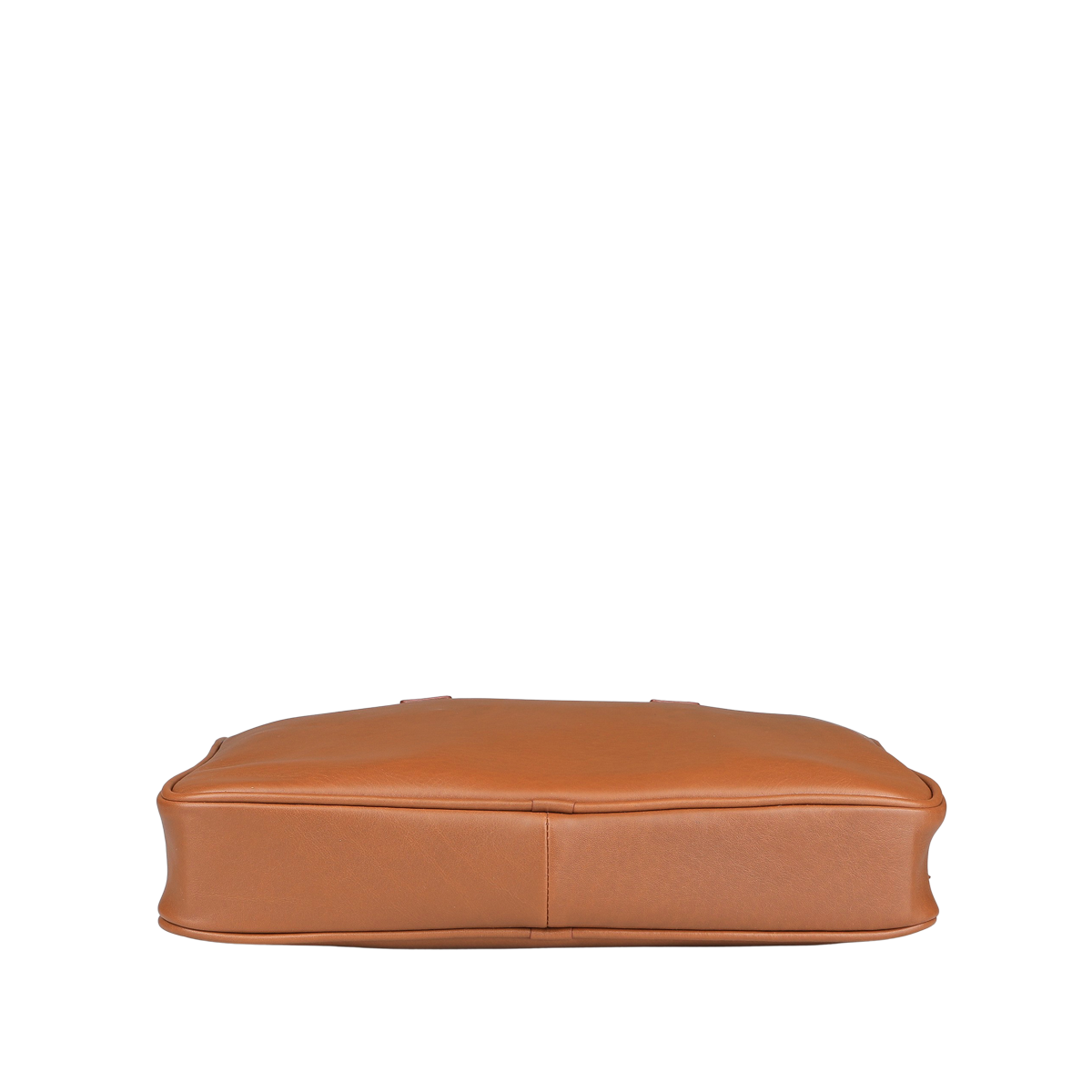 The Cognac Tumbled Leather Computer Briefcase by Frank Clegg, crafted from calf leather, is shown side-on, highlighting its rectangular shape and smooth texture. It perfectly accommodates a 15″ laptop.