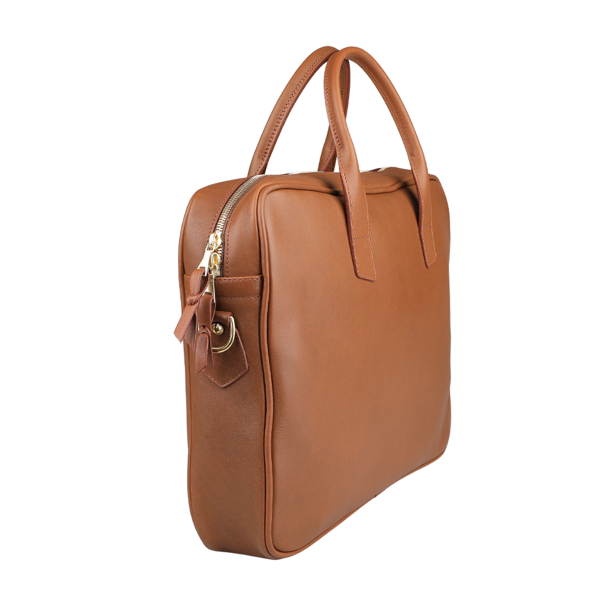 The Cognac Tumbled Leather Computer Briefcase by Frank Clegg is crafted from tumbled calf leather in cognac brown. It features a top handle, zipper closure, accommodates a 15" laptop, and has a distinctive metal ring detail on the side.