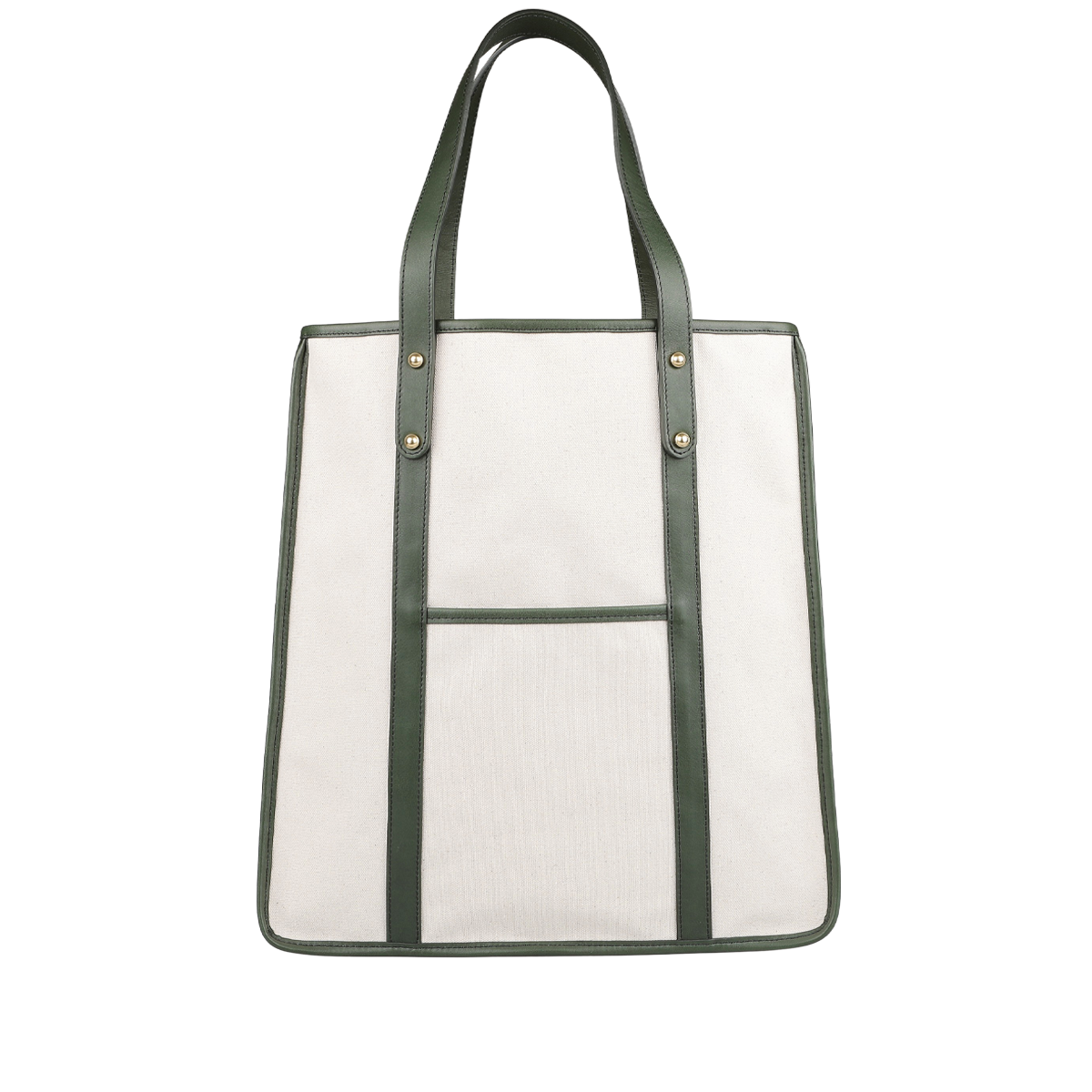 The Frank Clegg Natural Canvas Tumbled Leather Market Tote Bag features a natural cotton canvas with green leather handles, trimmings, and an exterior front pocket.