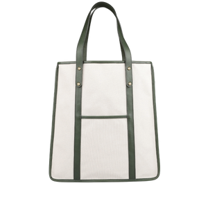 The Frank Clegg Natural Canvas Tumbled Leather Market Tote Bag features a natural cotton canvas with green leather handles, trimmings, and an exterior front pocket.