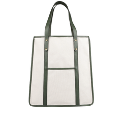 The Frank Clegg Natural Canvas Tumbled Leather Market Tote Bag features a natural cotton canvas with green leather handles, trimmings, and an exterior front pocket.