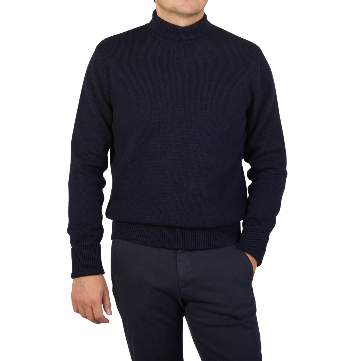G.R.P Navy Blue Wool Cashmere Mock Neck Sweater Front