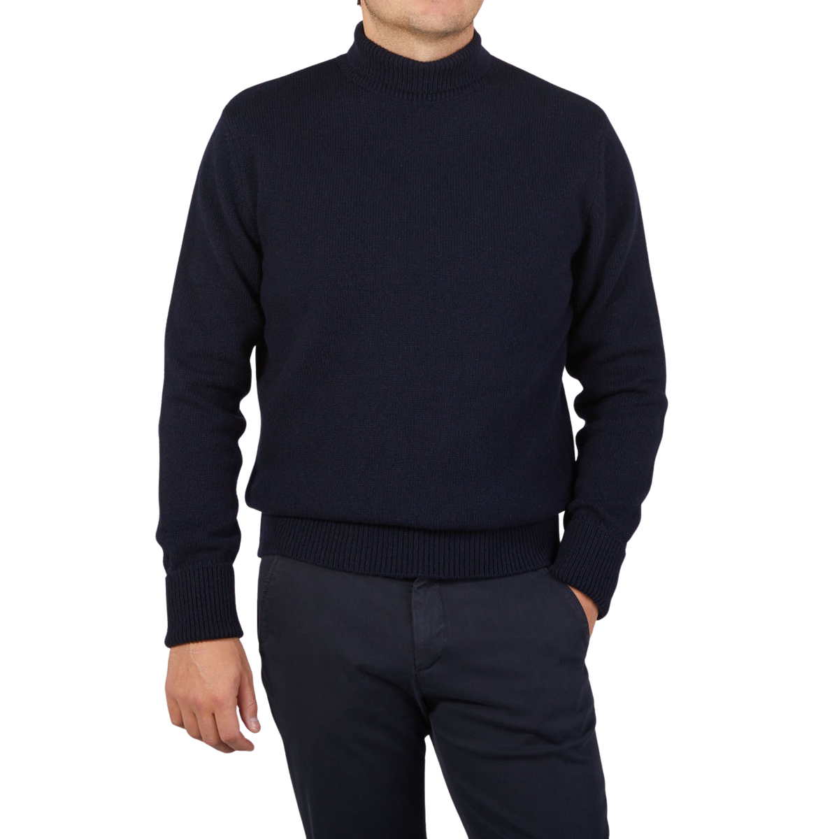 G.R.P Navy Blue Wool Cashmere Mock Neck Sweater Front