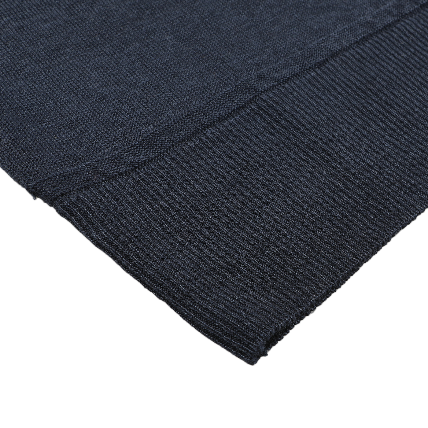 Close-up of the lower edge of a Dark Blue Linen Crewneck Sweater by G.R.P in a slim fit, highlighting ribbed detailing against a white background.