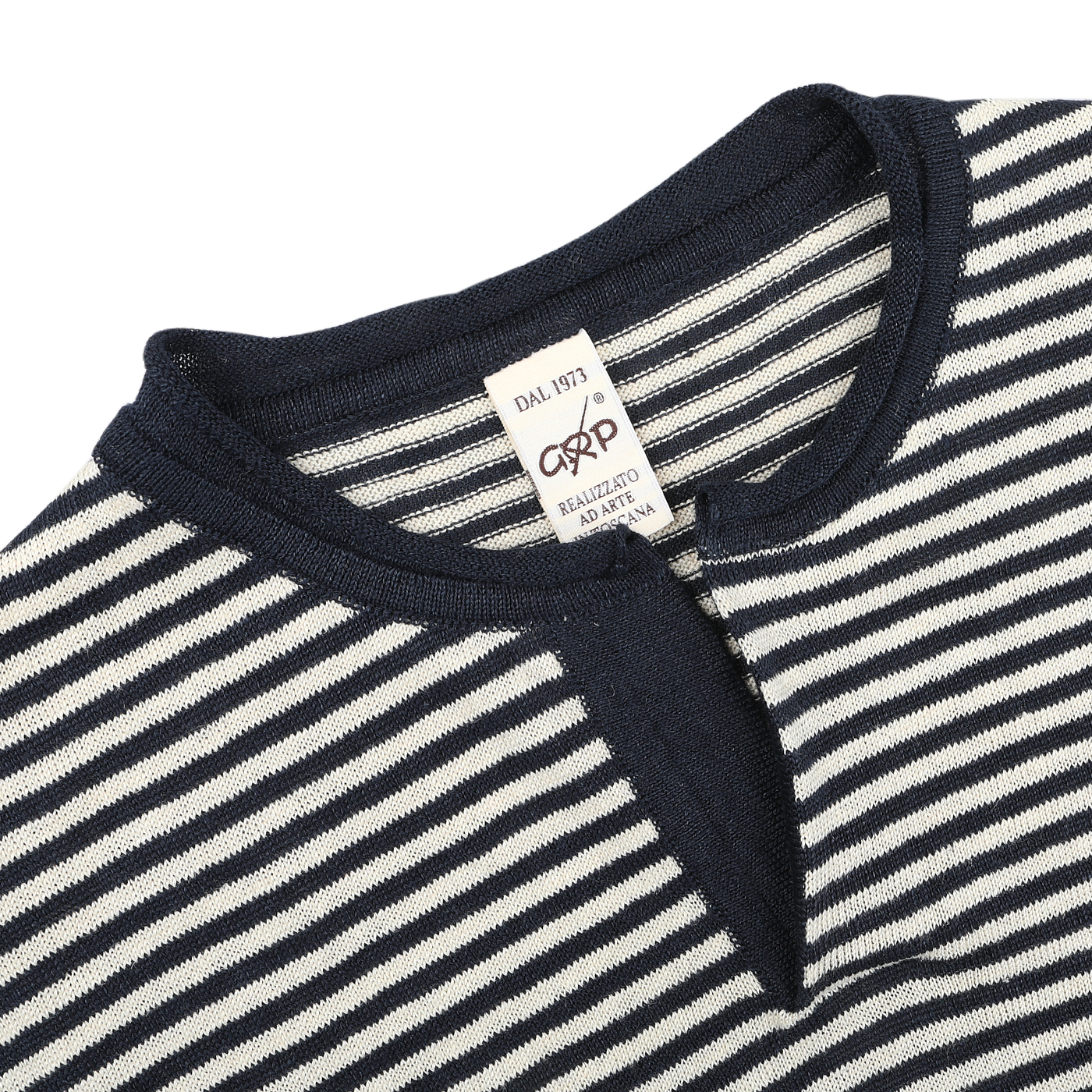 Close-up of a blue ecru striped linen henley t-shirt with a small V-neck, tailored in a slim fit. A tag inside reads "G.R.P".