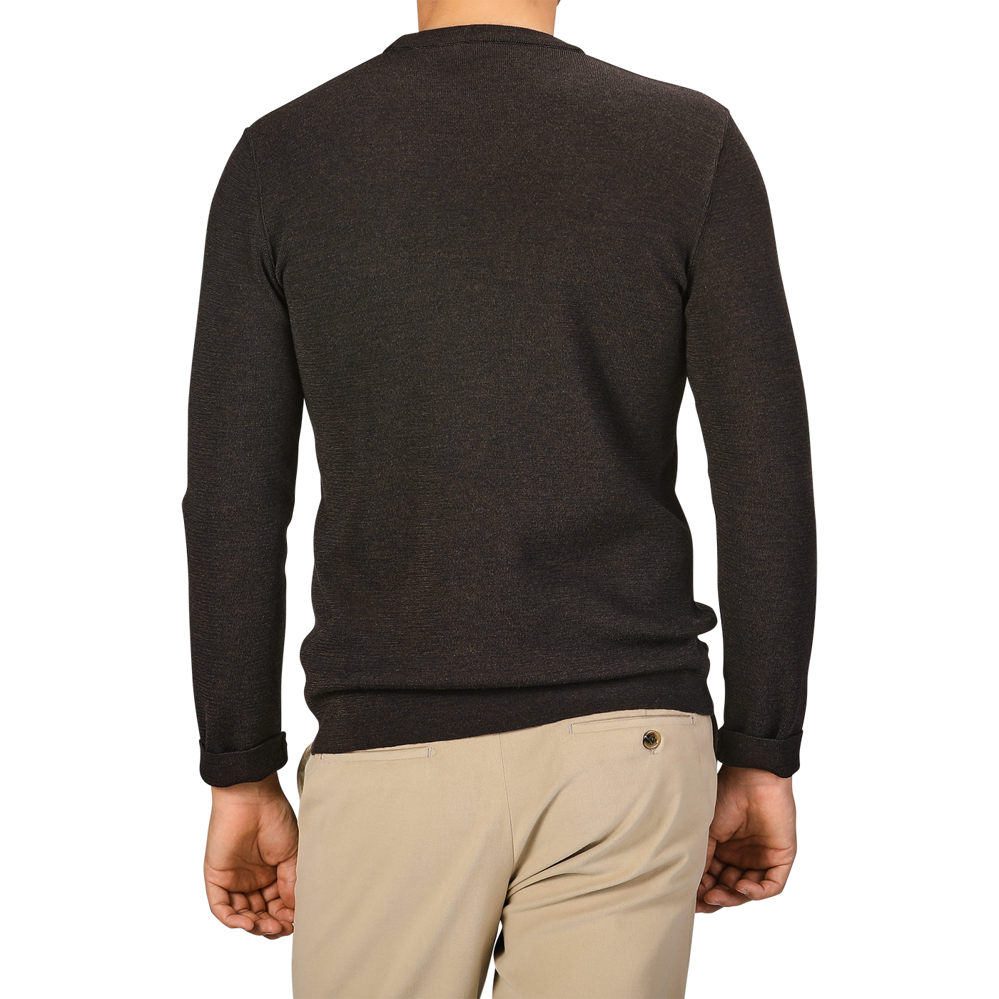 A person wearing a Brown Melange Wool Crewneck Sweater from G.R.P and beige pants, shown from the back with their left hand slightly visible.