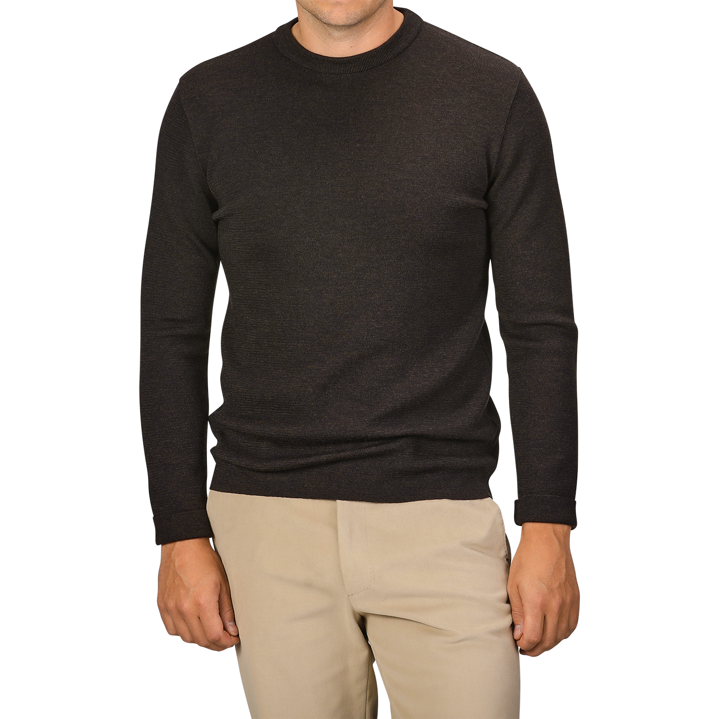 A man wearing a G.R.P Brown Melange Wool Crewneck Sweater and beige pants, facing forward with arms relaxed at his sides. His head is partially out of the frame.