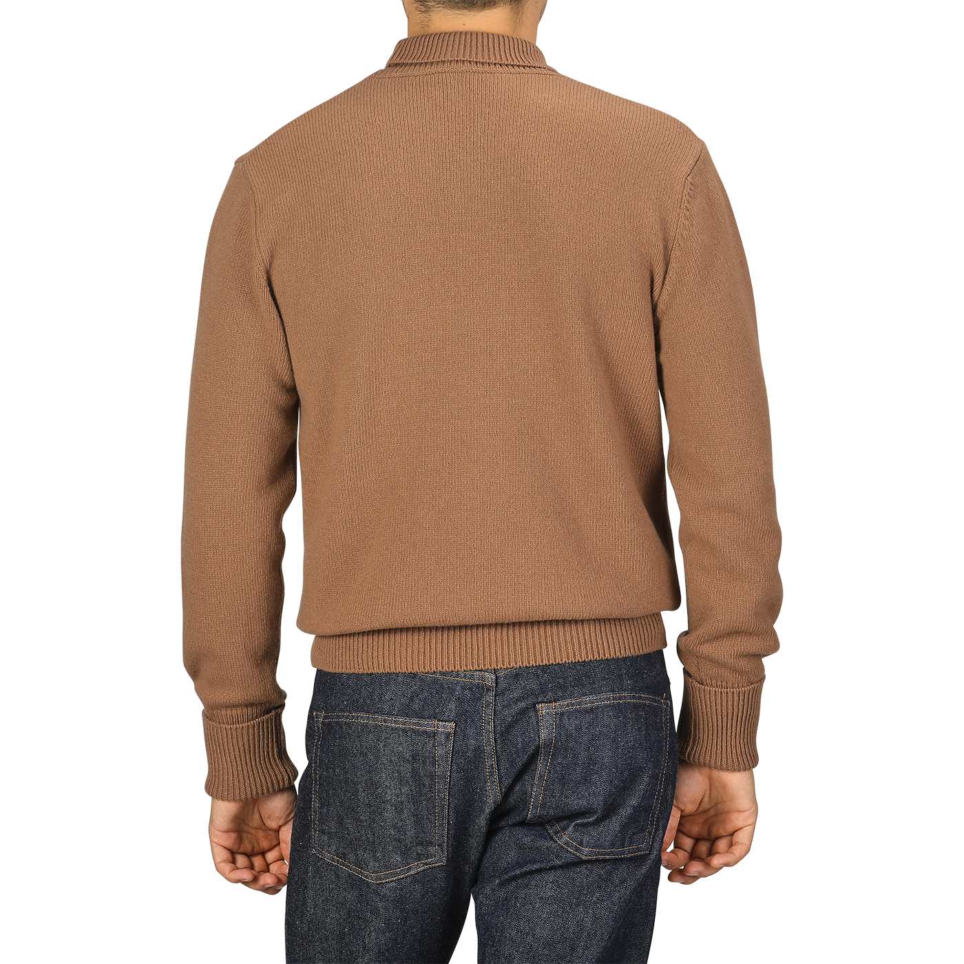 A person wearing a Camel Beige Wool Cashmere Mock Neck Sweater by G.R.P and blue jeans is shown from the back.