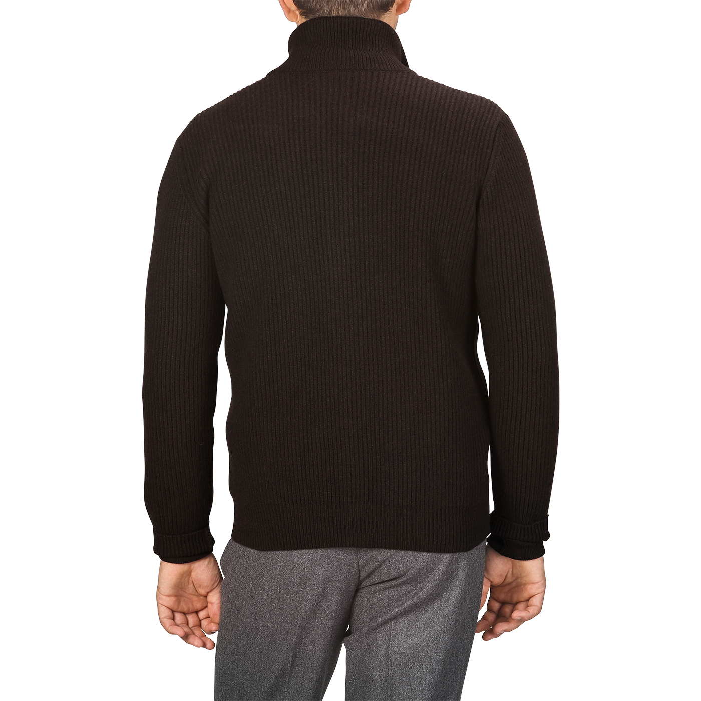 A person is standing with their back to the camera, wearing a black ribbed long-sleeve turtleneck sweater, grey pants, and a Dark Brown Wool Cashmere Zip Jacket by G.R.P.