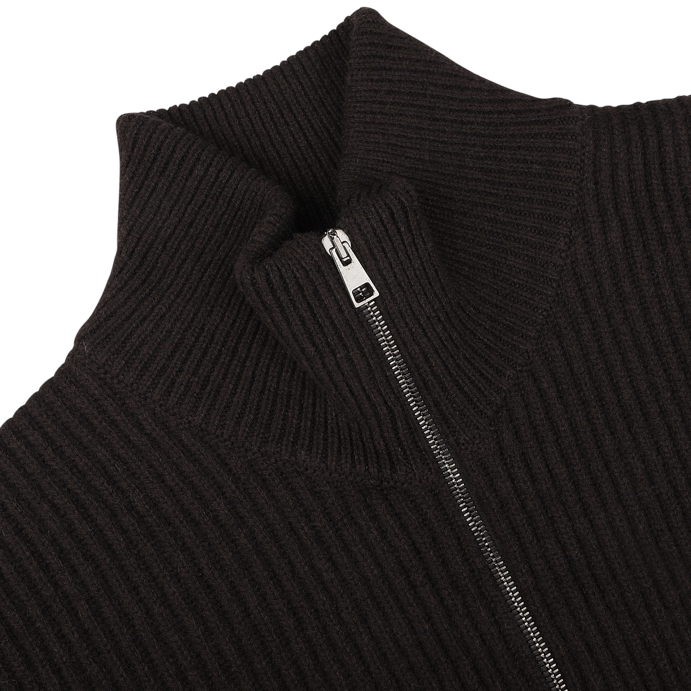 Close-up of the G.R.P Dark Brown Wool Cashmere Zip Jacket featuring a ribbed knit texture with a half-zip collar and a visible silver zipper.