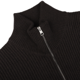 Close-up of the G.R.P Dark Brown Wool Cashmere Zip Jacket featuring a ribbed knit texture with a half-zip collar and a visible silver zipper.