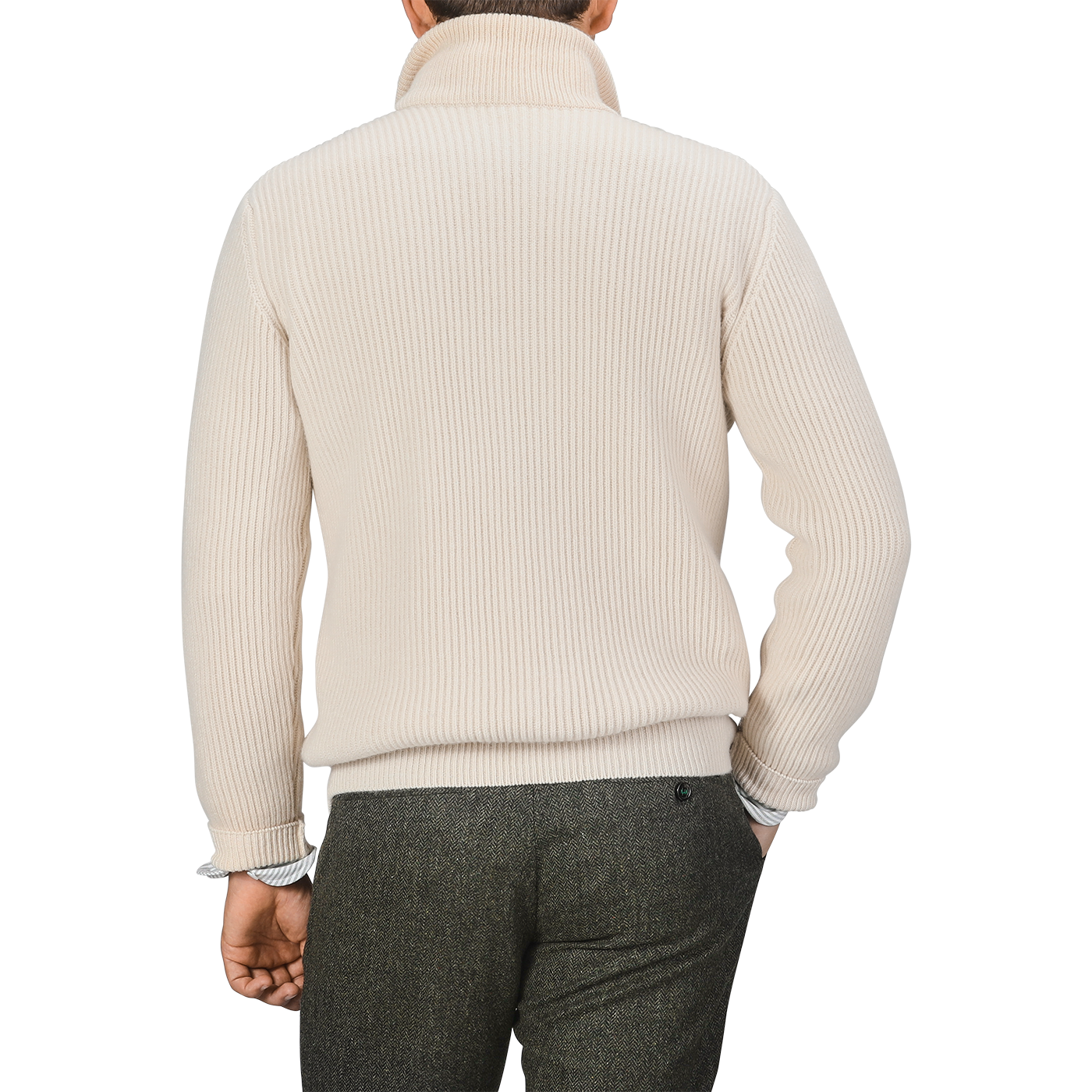 A person wearing a G.R.P Ecru Beige Wool Cashmere Knitted Jacket, paired with dark gray trousers, viewed from the back.