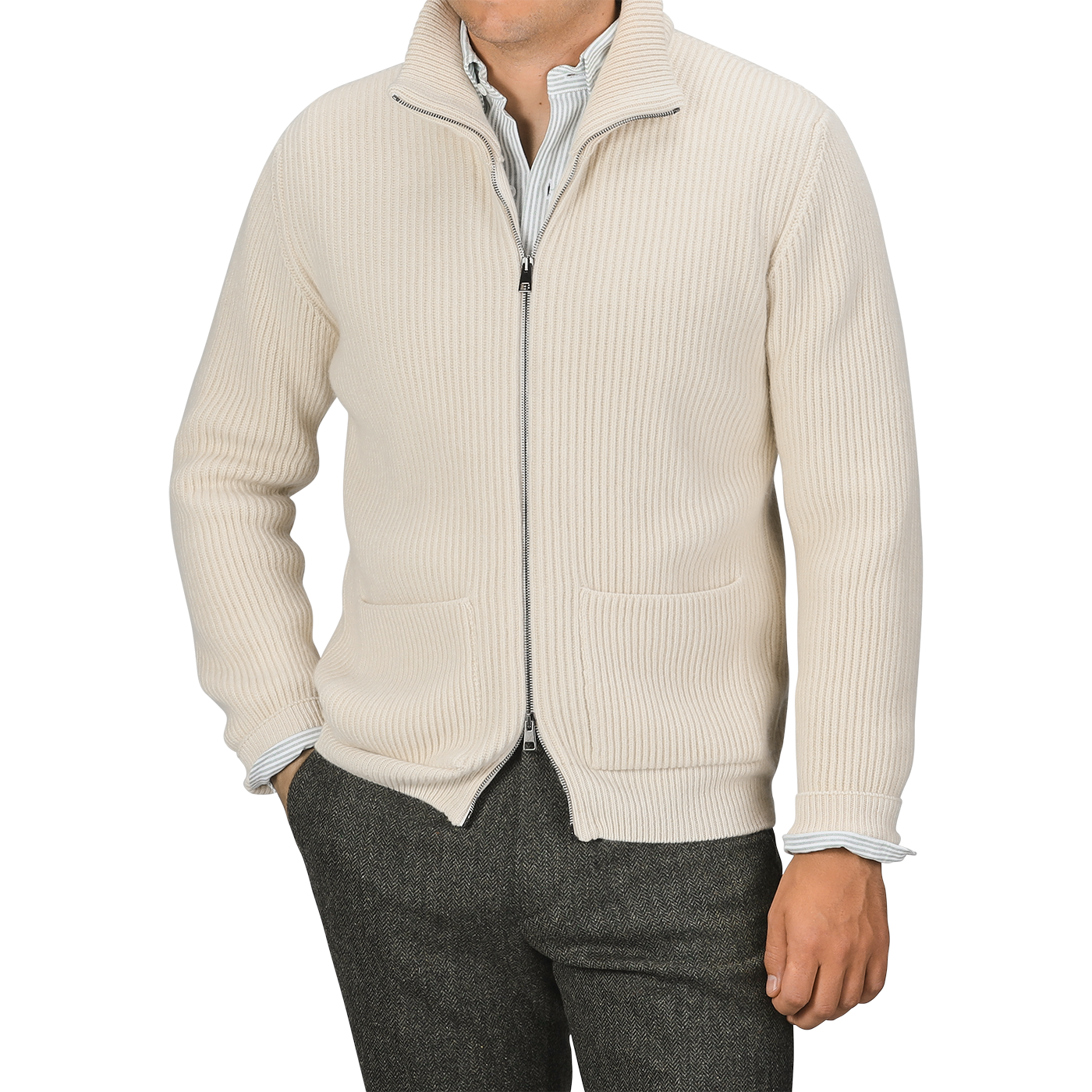 A person is wearing a G.R.P Ecru Beige Wool Cashmere Knitted Jacket over a white collared shirt and dark trousers. The full-zip ribbed cardigan, which features pockets on both sides, obscures the person's face from view.