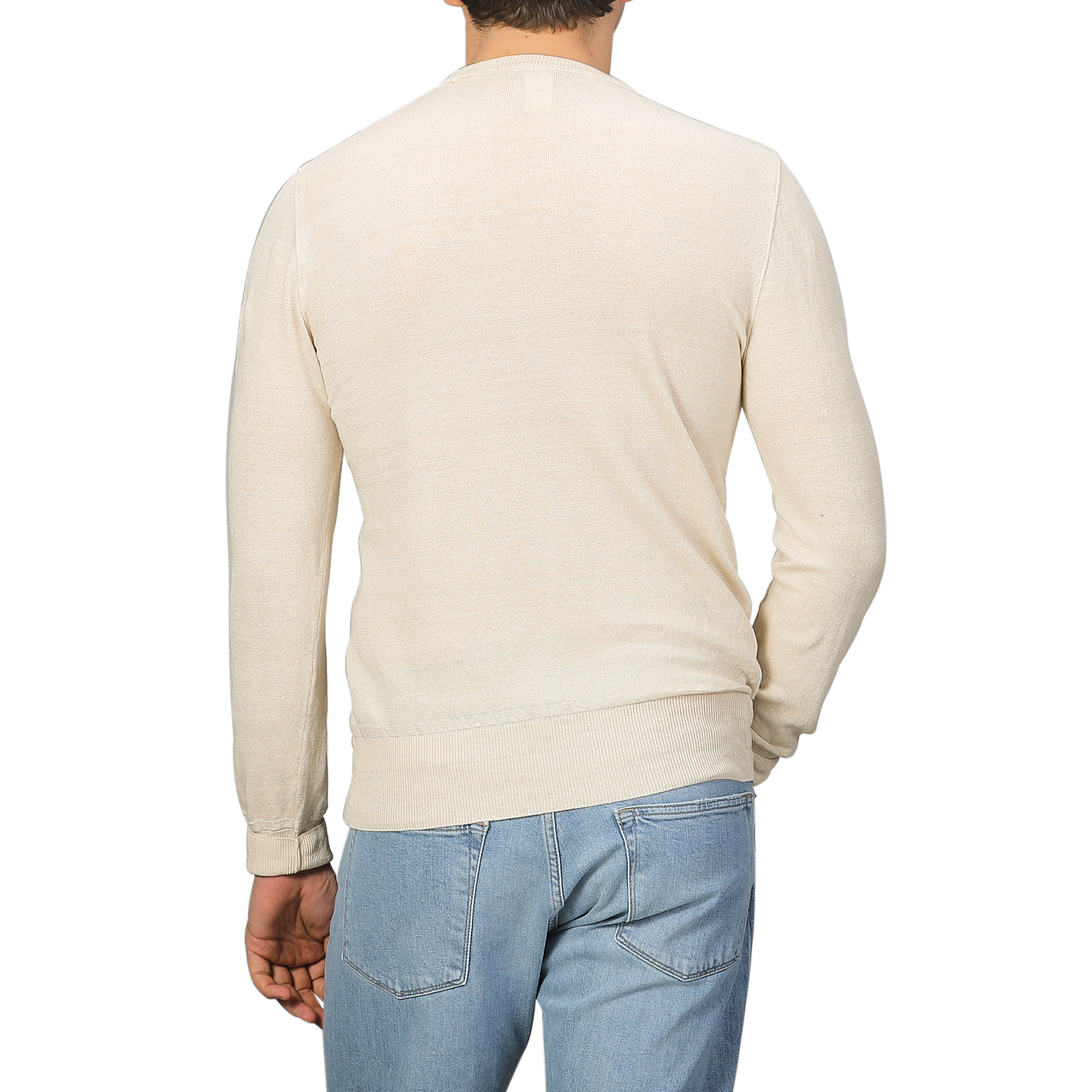 A person is shown from the back against a plain background, wearing a slim fit Ecru Beige Linen Crewneck Sweater by G.R.P and blue jeans.