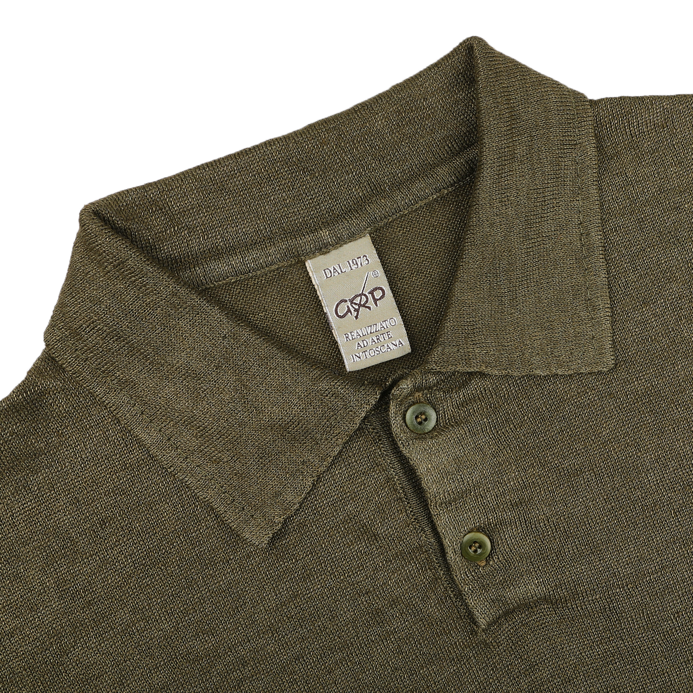 The Military Green Linen Polo Shirt by G.R.P is a slim-fit polo with three buttons, crafted from pure linen, and has a brand label inside the collar.