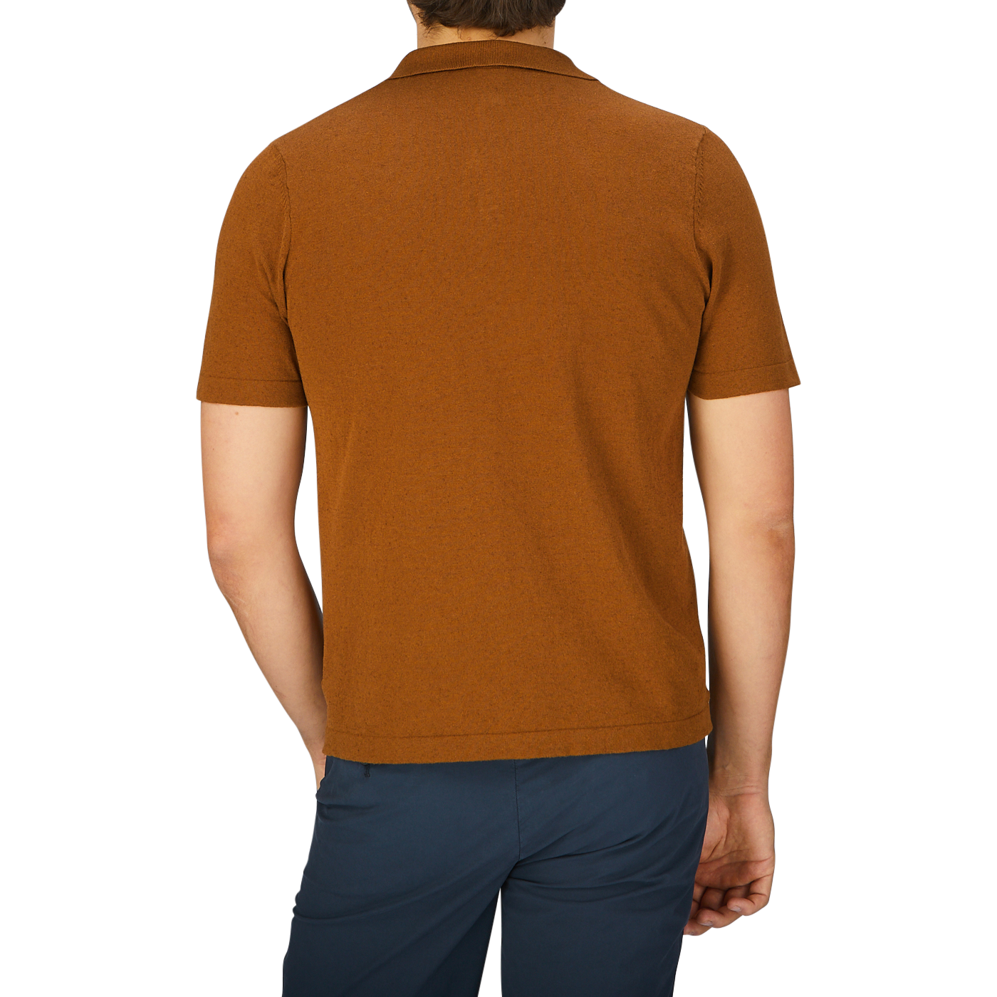 The back view of a man wearing a brown, slim fit G.R.P Tobacco Cotton Linen Polo Shirt.