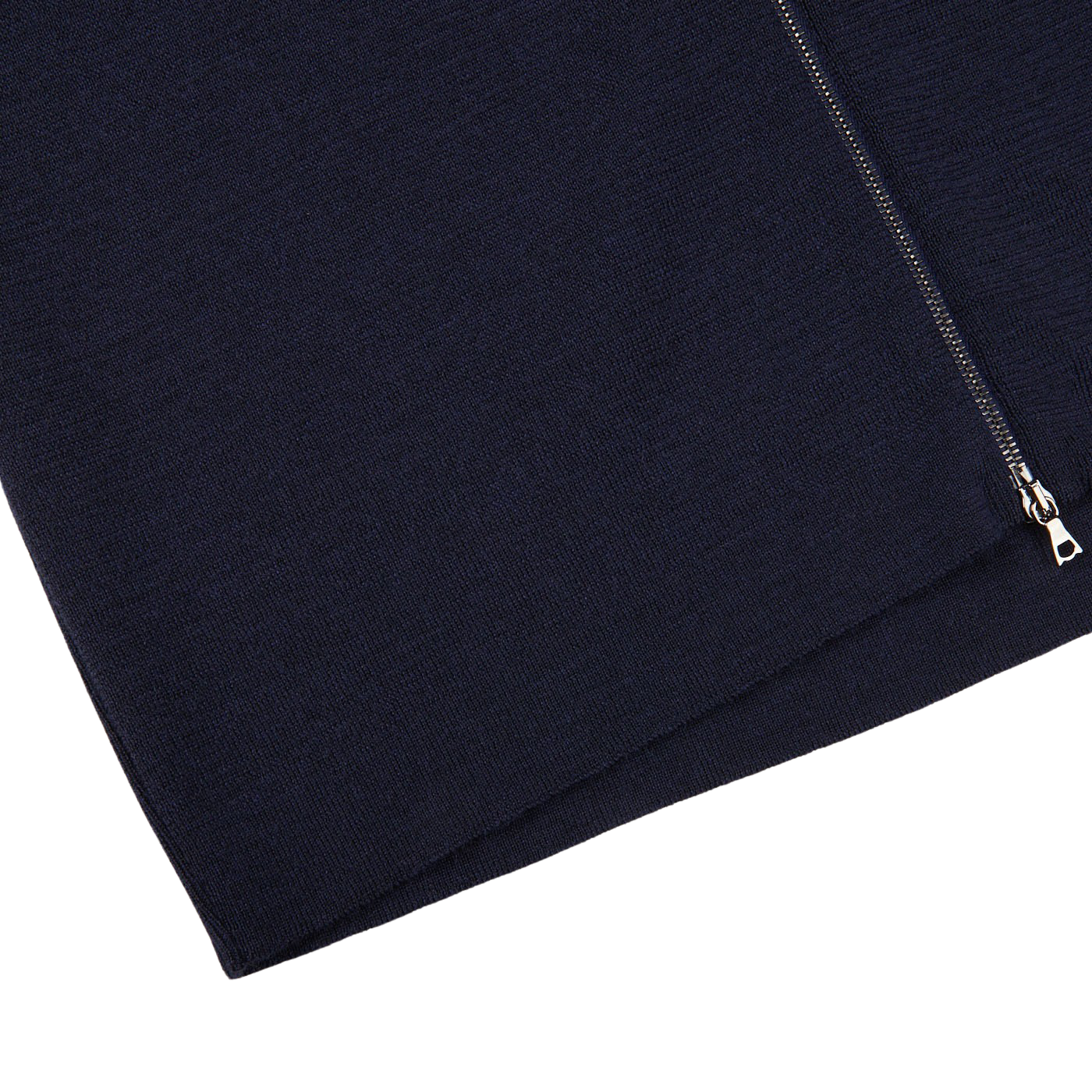 A close up of a G.R.P navy blue merino wool zip jacket.