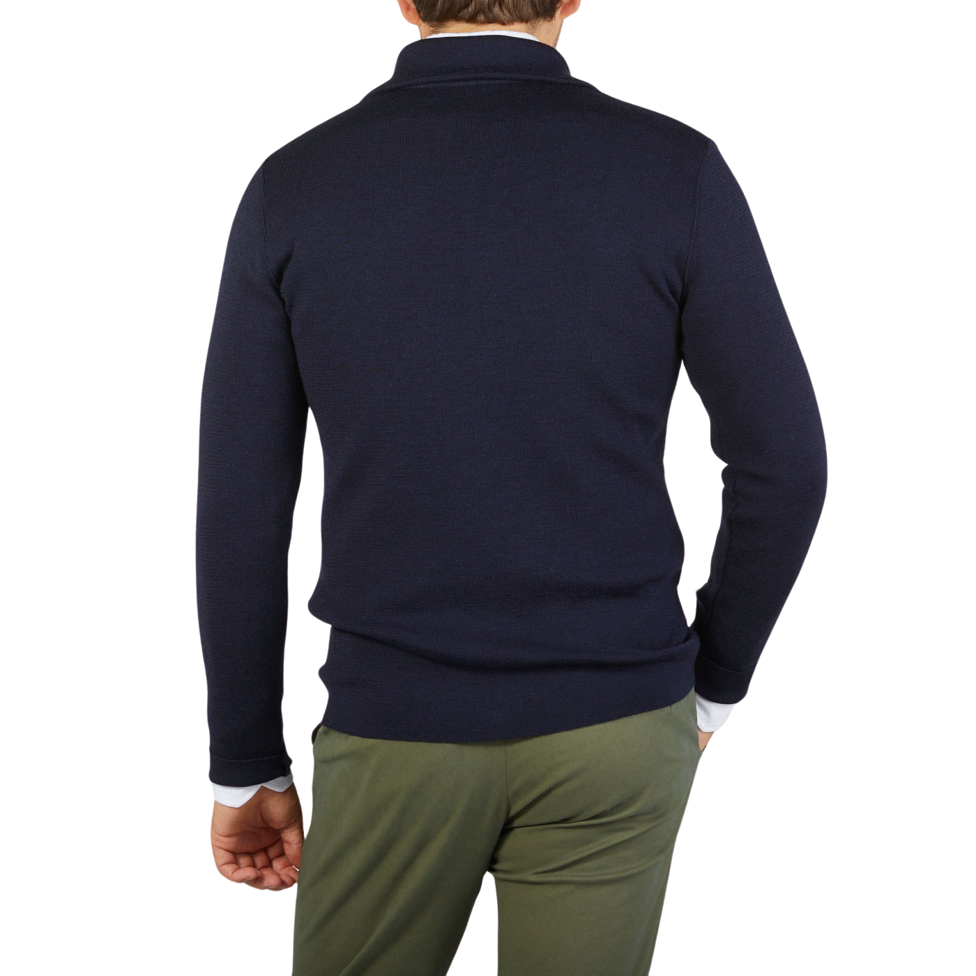 The back view of a man wearing a G.R.P Navy Blue Merino Wool Zip Jacket.