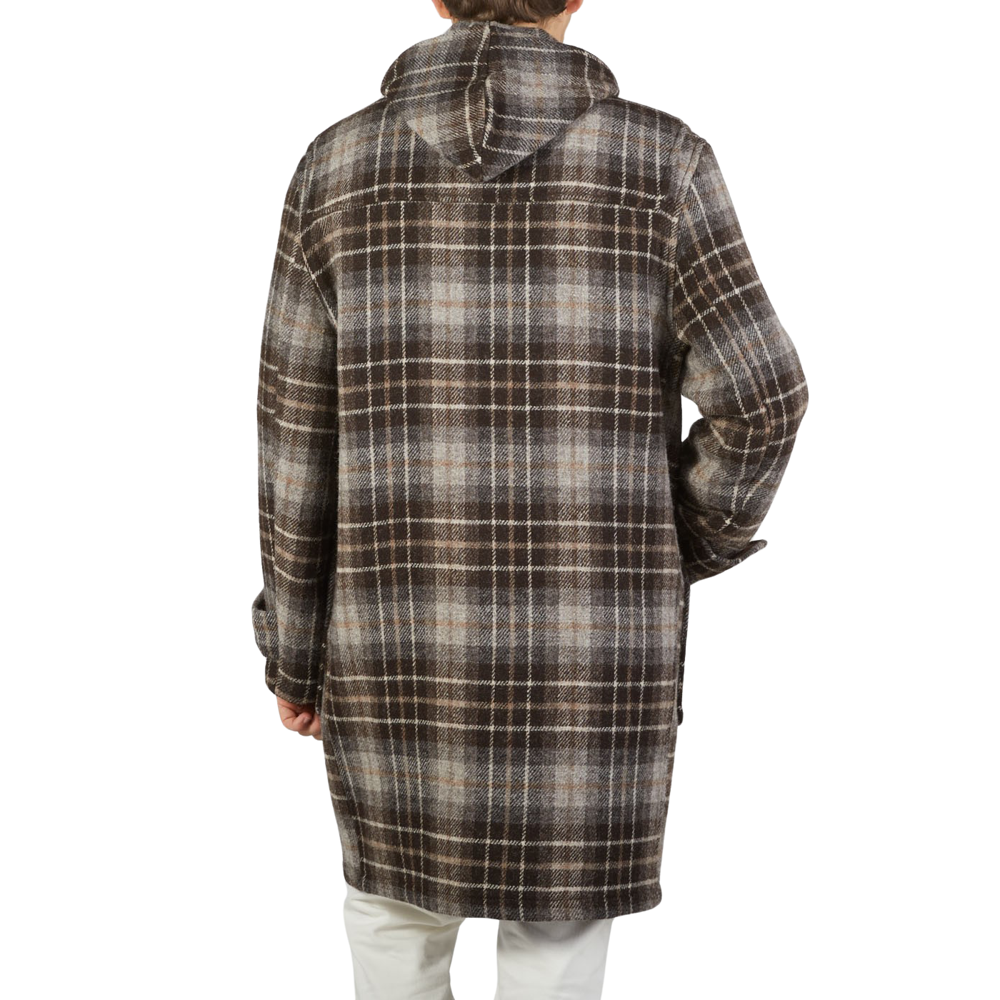A contemporary take on a man wearing the De Bonne Facture Brown Undyed Shepherds Check Wool Duffle Coat.