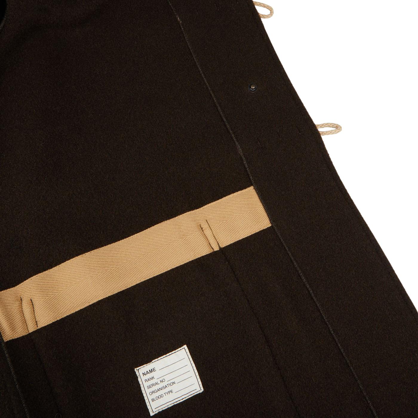 A Dark Brown Wool Monty Duffle Coat by Gloverall with a tan and brown stripe.