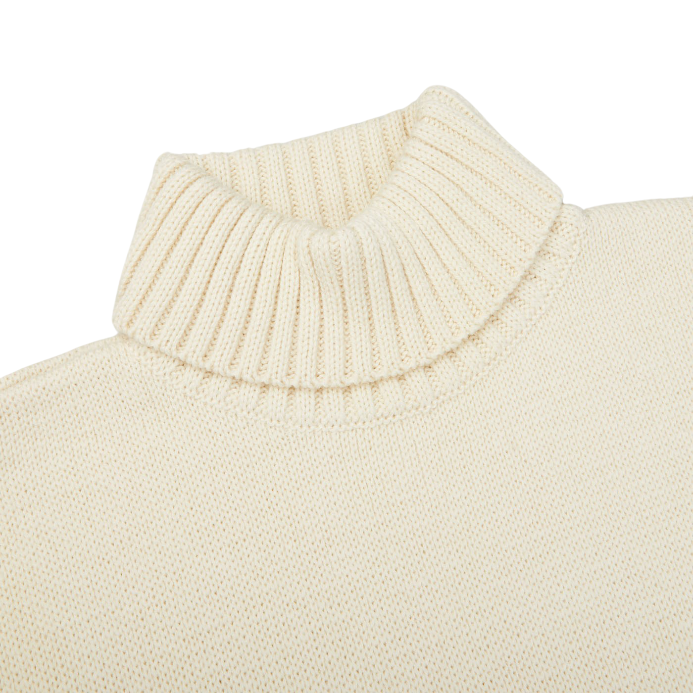 A close up of a Gloverall Ecru Blue Striped Wool Rollneck sweater.