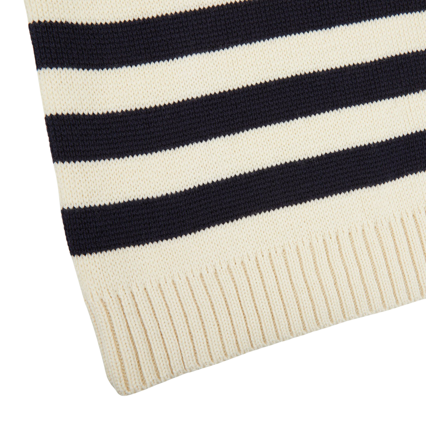 A pure wool, Gloverall Ecru Blue Striped Wool Rollneck sweater on a white surface.