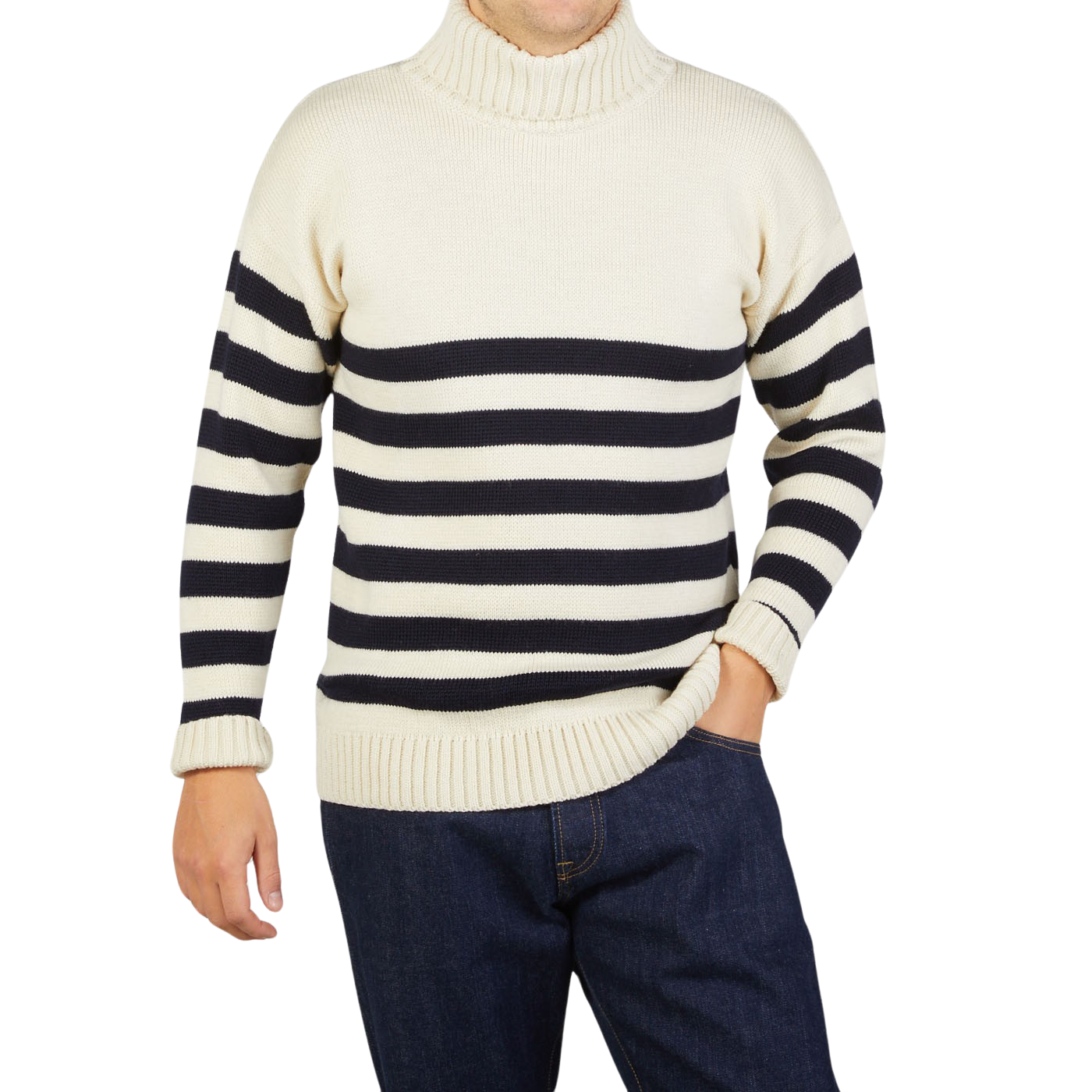 A man wearing a Gloverall Ecru Blue Striped Wool Rollneck sweater.