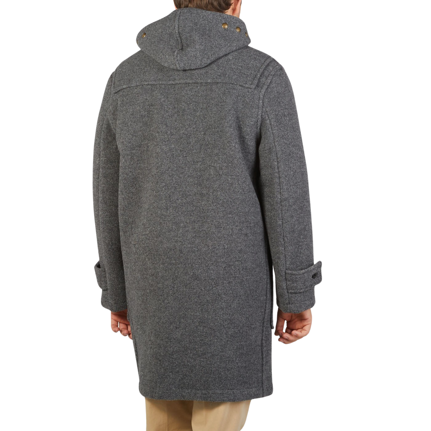 The back view of a man in a Gloverall Grey Melange Wool Monty Duffle Coat.