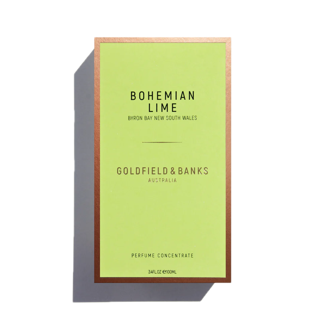 A green and gold box with the label "Bohemian Lime" by Goldfield & Banks exudes a refreshing essence of lime and vetiver from Byron Bay, New South Wales. This 3.4FL.OZ / 100ML Eau De Parfum captures the scent beautifully.