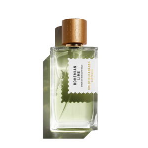 A clear rectangular bottle of Bohemian Lime 100ml Eau De Parfum, adorned with a gold cap and a label that declares its identity as "Goldfield & Banks Australia." This invigorating fragrance captivates with notes of lime, beautifully complemented by earthy vetiver undertones, offering an unforgettable olfactory journey.