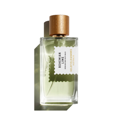 A clear rectangular bottle of Bohemian Lime 100ml Eau De Parfum, adorned with a gold cap and a label that declares its identity as "Goldfield & Banks Australia." This invigorating fragrance captivates with notes of lime, beautifully complemented by earthy vetiver undertones, offering an unforgettable olfactory journey.