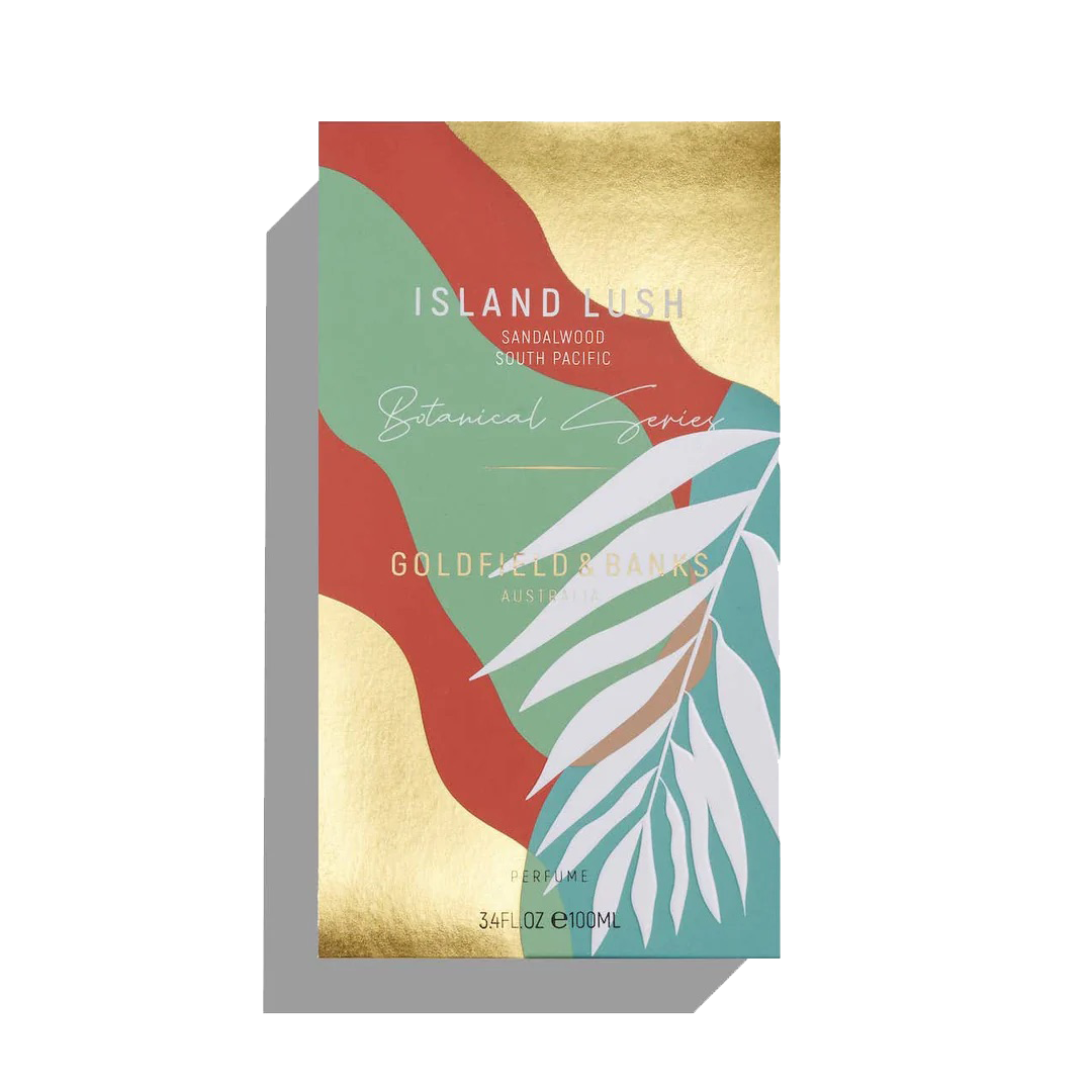 The "Island Lush 100ml Eau De Parfum" by Goldfield & Banks features a tropical design with vibrant red, green, and gold hues paired with a white leaf pattern. Immerse yourself in the exotic essence of South Pacific Sandalwood with this mesmerizing scent.