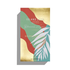 The "Island Lush 100ml Eau De Parfum" by Goldfield & Banks features a tropical design with vibrant red, green, and gold hues paired with a white leaf pattern. Immerse yourself in the exotic essence of South Pacific Sandalwood with this mesmerizing scent.