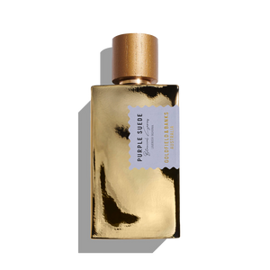 A 100ml Eau De Parfum bottle named "Purple Suede" by Goldfield & Banks is presented elegantly on a white background, featuring a luxurious gold design and topped with a copper cap. This captivating fragrance blends the rich aroma of leather with the calming scent of lavender, offering an unforgettable aromatic experience.