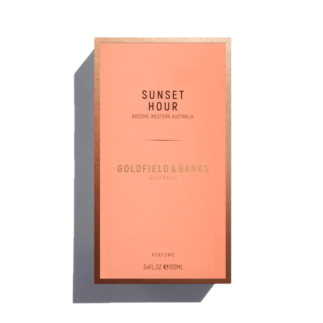 The "Sunset Hour" 100ml Eau De Parfum by Goldfield & Banks captivates with its citrus and floral aroma, beautifully complemented by its pink and gold design.